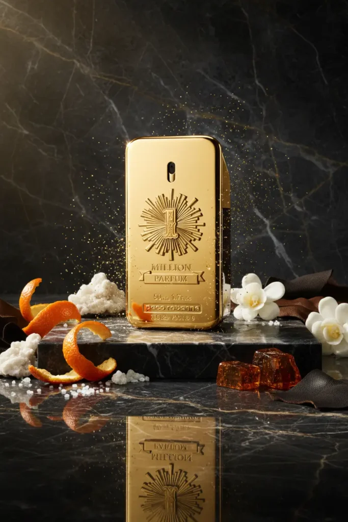 Perfume 1 Million Parfum com casca de laranja, flores brancas e âmbar em cenário de mármore escuro com detalhes dourados, representando fragrância intensa e luxuosa