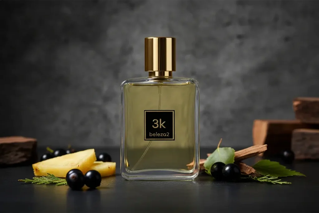 Perfume 3K da Beleza2 com abacaxi, groselha preta e madeira, representando fragrância frutada amadeirada sofisticada inspirada em perfumes de referência