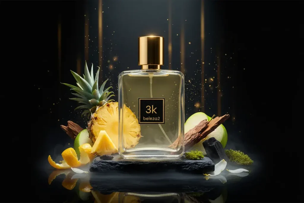 Perfume 3K Beleza2 com abacaxi, frutas cítricas e madeira em cenário escuro sofisticado, representando fragrância frutada amadeirada elegante