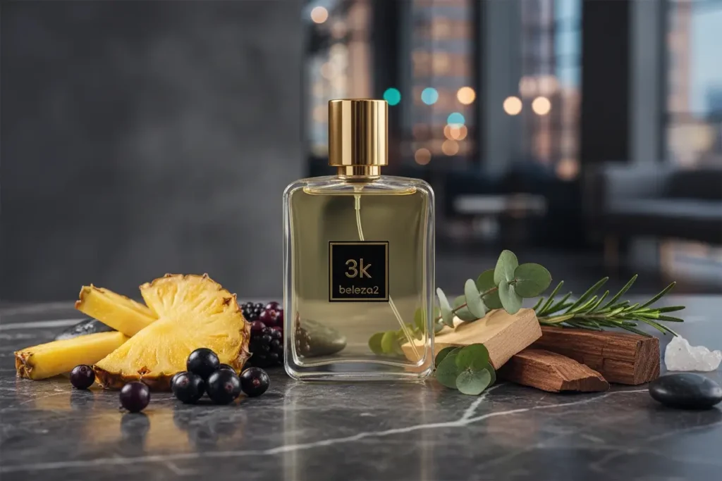 Perfume 3K da Beleza2 com abacaxi, frutas escuras e madeira em ambiente sofisticado, representando fragrância frutada amadeirada elegante