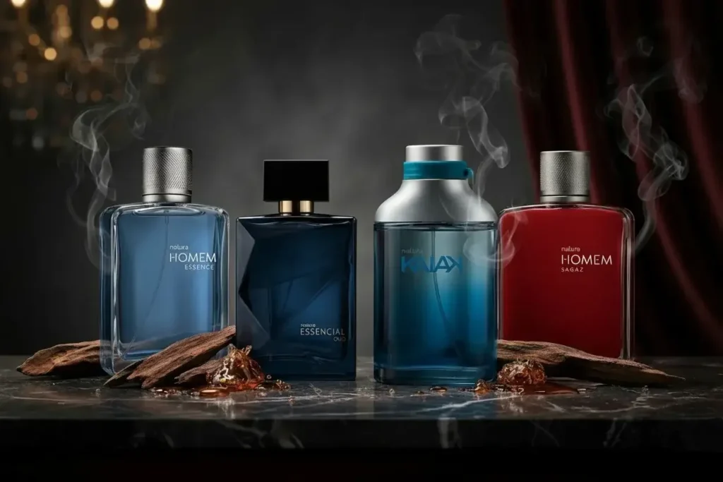 Perfumes Natura Homem Essence, Essencial Oud, Kaiak e Homem Sagaz destacados com elementos amadeirados e frescos, criando um ambiente sofisticado