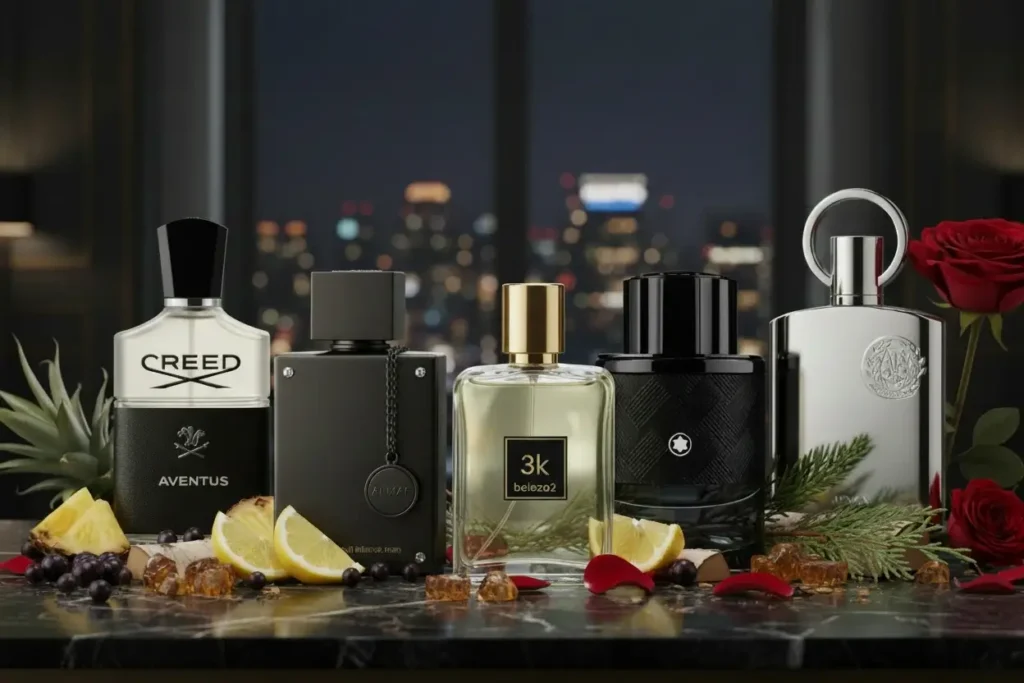Comparação de perfumes no estilo Aventus com frascos lado a lado e elementos como limão, madeira e flores em ambiente elegante