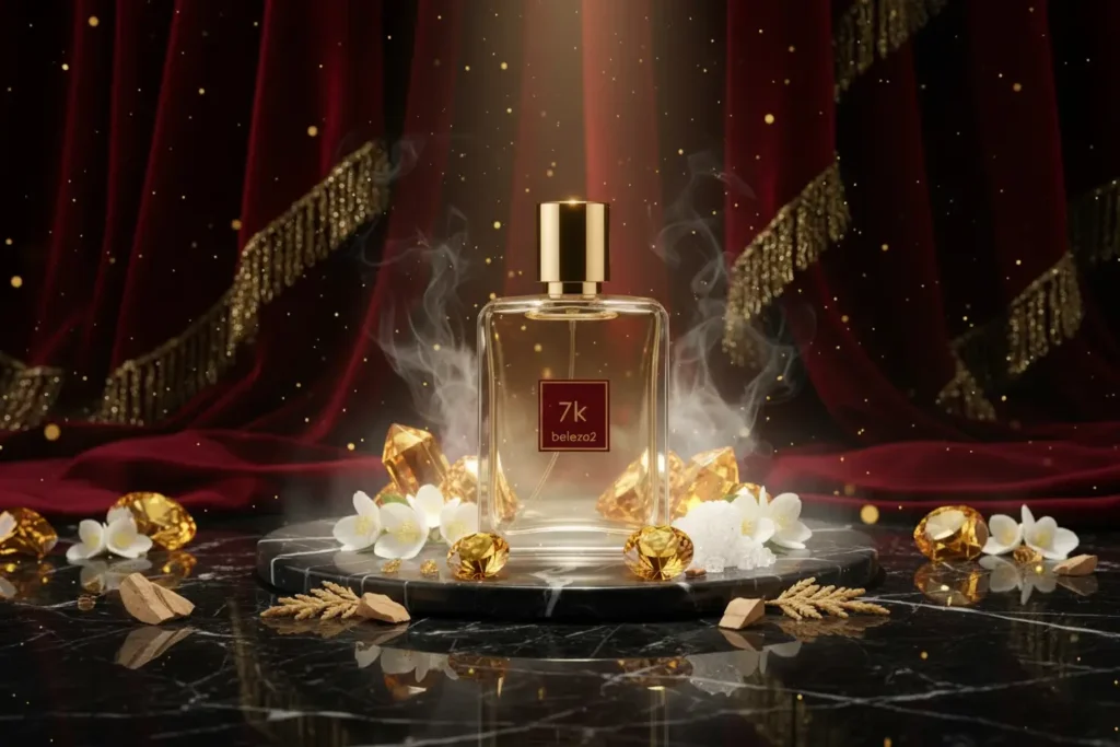 Perfume 7K Beleza2 com pedras douradas, flores brancas e fundo vermelho elegante, representando fragrância doce, envolvente e sofisticada