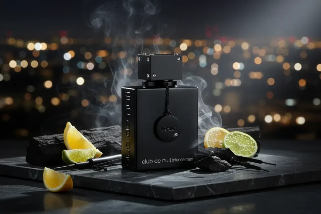 Frasco do Club de Nuit Intense Man com limões, carvão e fumaça, destacando perfume masculino intenso e sofisticado