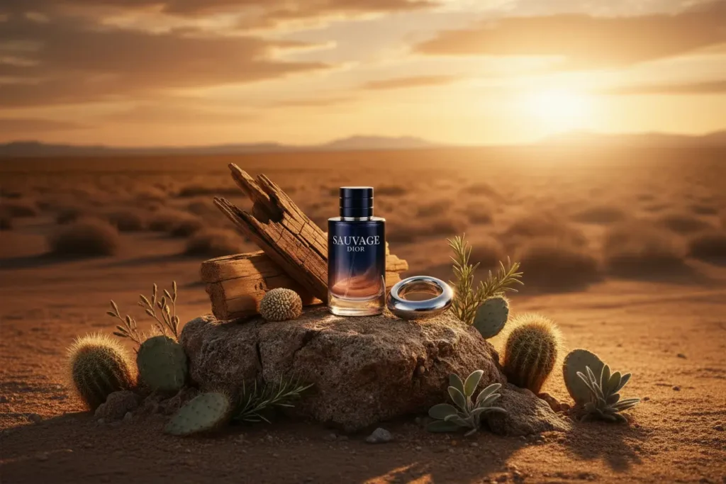 Dior Sauvage Parfum com fundo desértico, madeira e elementos naturais, destacando a fragrância masculina sofisticada e marcante
