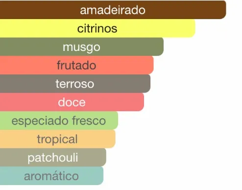 Gráfico de barras com acordes olfativos predominantes, destacando amadeirado como principal, seguido por cítrinos, musgo, frutado, terroso, doce, especiado fresco, tropical, patchouli e aromático.