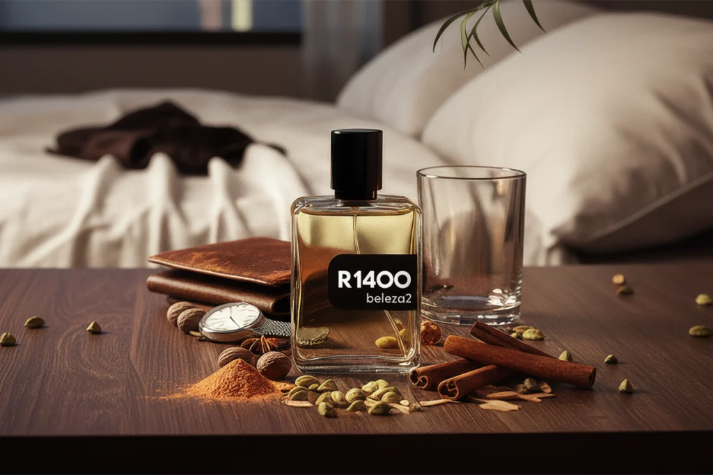 Frasco do perfume R1400 Beleza2 com elementos como canela, noz-moscada e sementes, destacando notas amadeiradas e frescas inspiradas no Dior Sauvage Parfum