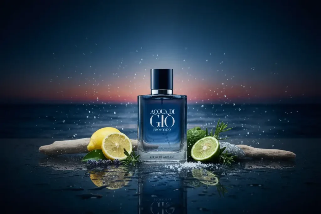 Perfume Acqua di Giò Profondo com limão, ervas e mar ao fundo com respingos de água, representando fragrância aquática fresca e sofisticada