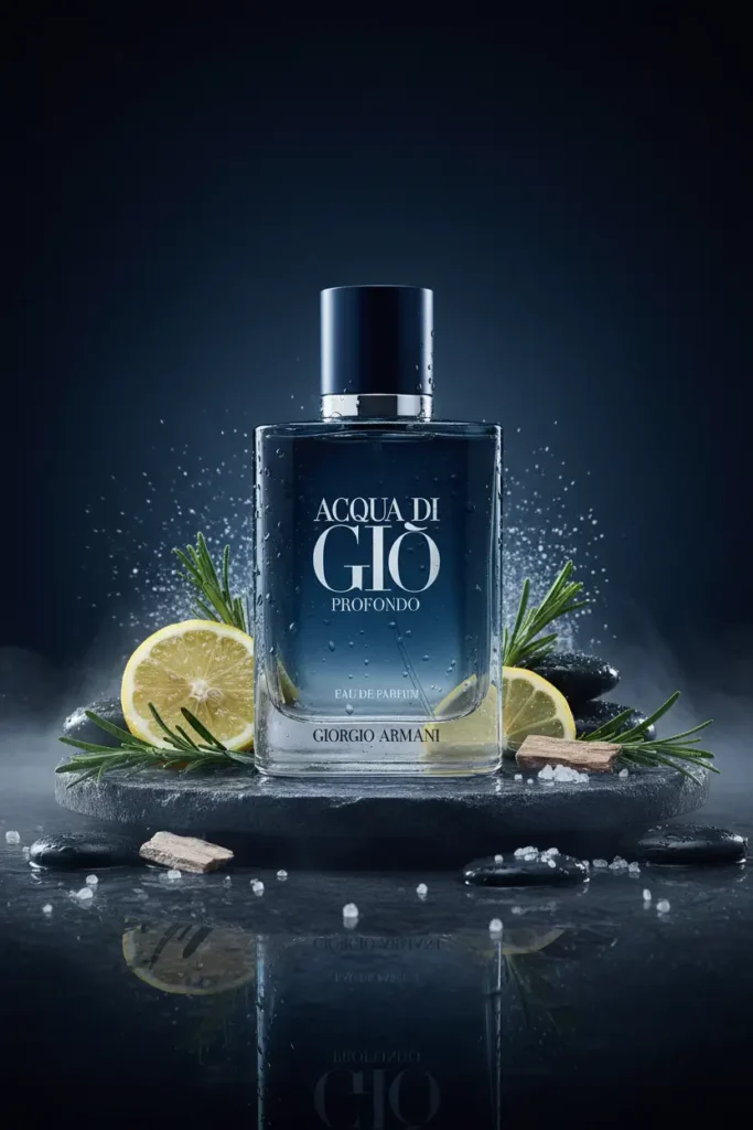Perfume Acqua Di Giò Profondo com limão, ervas e sal marinho em cenário azul escuro aquático, representando fragrância fresca, marinha e sofisticada