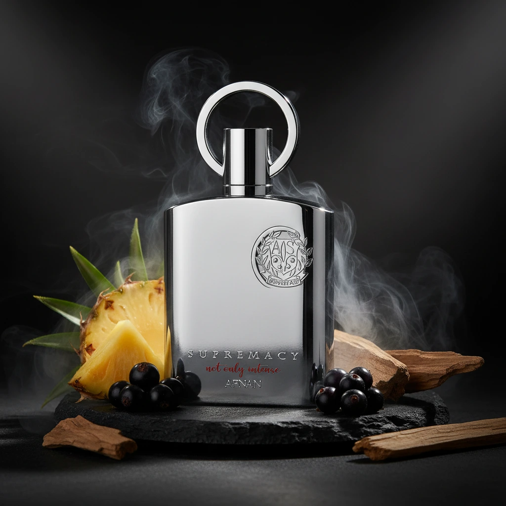 Perfume Afnan Supremacy Not Only Intense com abacaxi, frutas escuras, madeira e fumaça em cenário sofisticado noturno, representando fragrância intensa e amadeirada