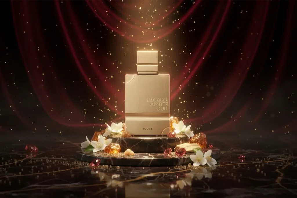 Perfume Al Haramain Amber Oud Rouge com cristais âmbar, flores brancas e cenário vermelho luxuoso com partículas douradas, representando fragrância intensa e sofisticada