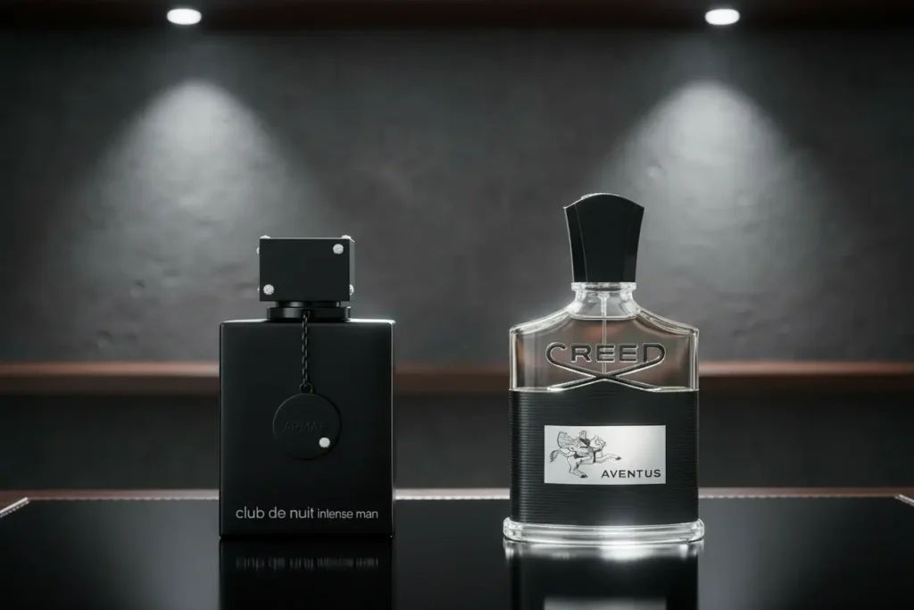 Perfumes Club de Nuit Intense Man e Creed Aventus lado a lado em ambiente moderno, comparando fragrâncias masculinas sofisticadas