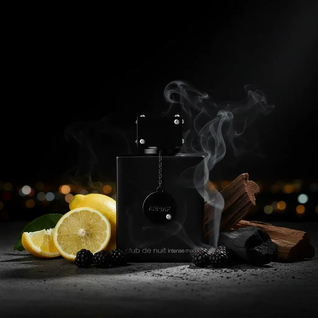Perfume Club de Nuit Intense Man com limão, frutas escuras, madeira e carvão em ambiente urbano noturno, representando fragrância cítrica e amadeirada marcante