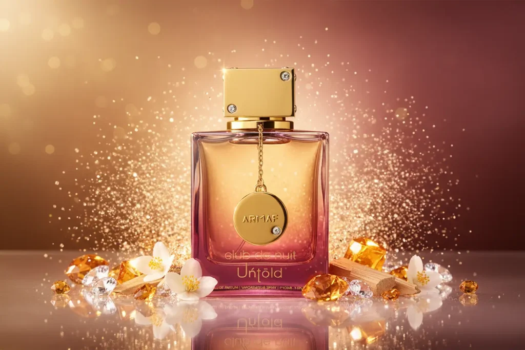 Perfume Armaf Club de Nuit Untold com cristais âmbar, flores brancas e brilho dourado em cenário luxuoso, representando fragrância doce, ambarada e sofisticada