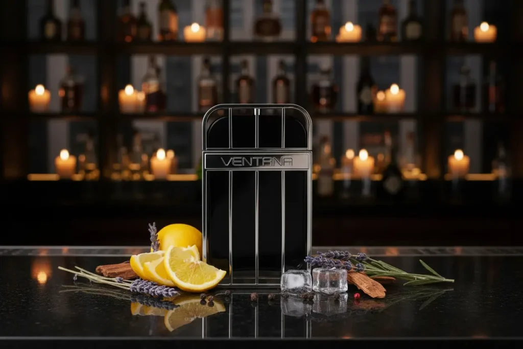 Perfume Armaf Ventana com limão, lavanda, gelo e madeira em ambiente de bar sofisticado com luzes ao fundo, representando fragrância fresca e elegante