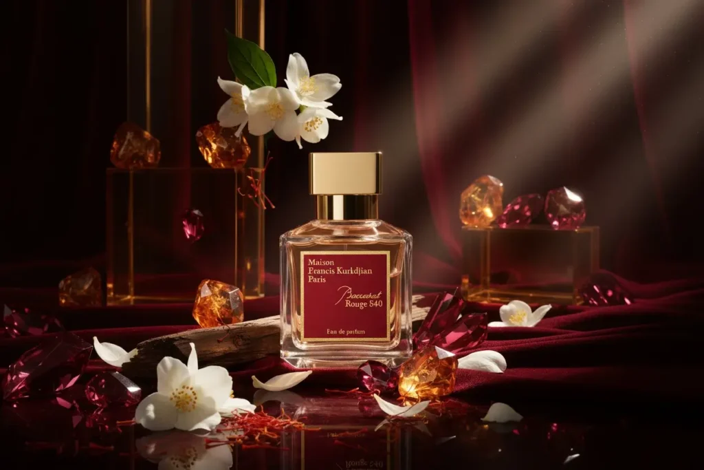 Perfume Baccarat Rouge 540 com flores brancas, cristais âmbar e fundo vermelho luxuoso, representando fragrância doce, ambarada e sofisticada