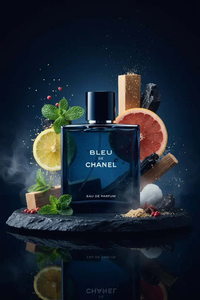 Perfume Bleu de Chanel com limão, grapefruit, hortelã e madeira em cenário azul marinho moderno, representando fragrância elegante e versátil