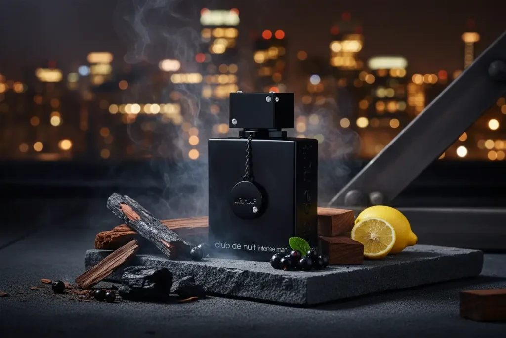 Frasco do Club de Nuit Intense Man com elementos como limão, madeira e carvão em ambiente sofisticado, destacando perfume masculino marcante
