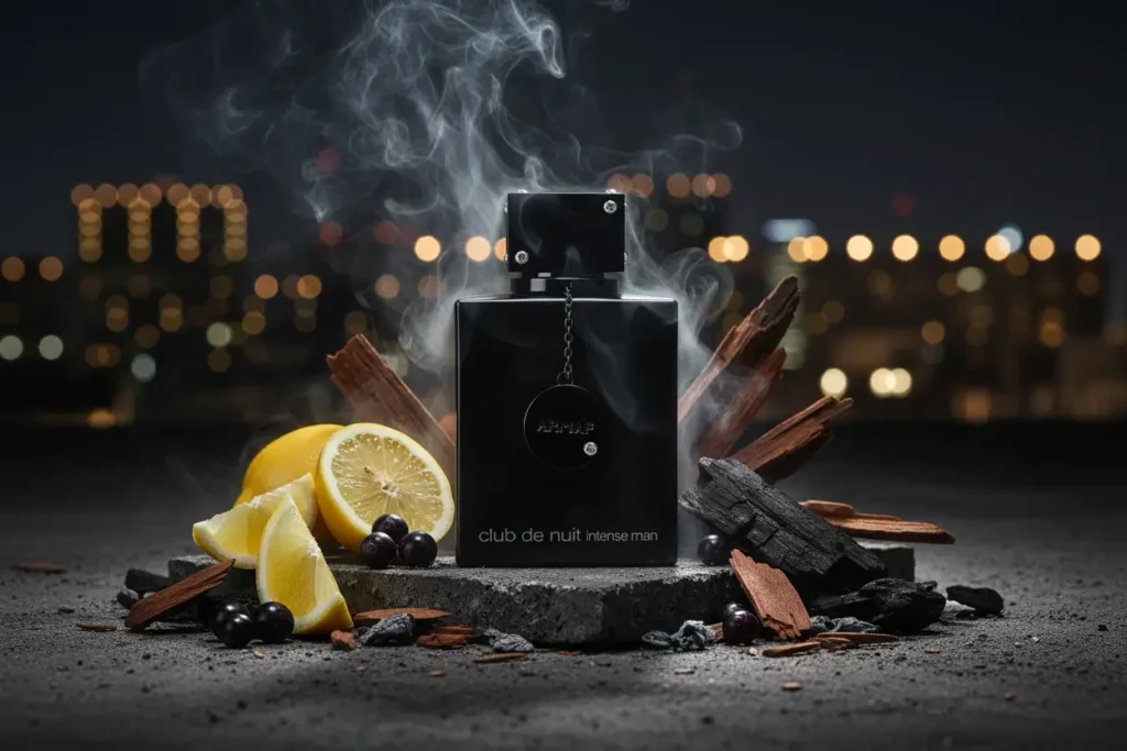Perfume Club de Nuit Intense Man com limão, madeira, carvão e fumaça em cenário urbano noturno, representando fragrância cítrica e amadeirada intensa