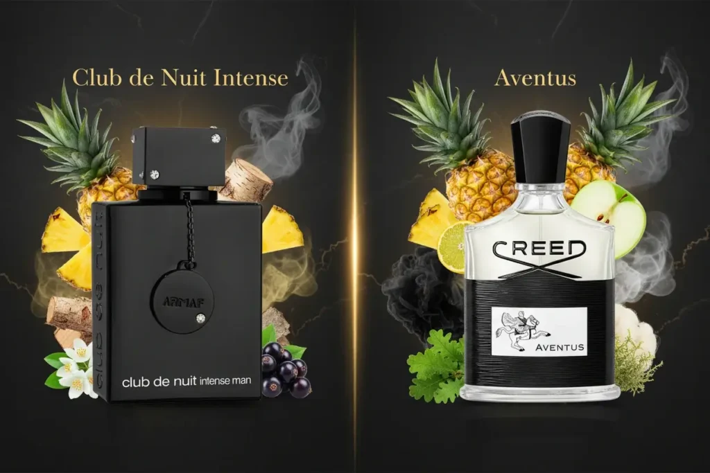 Comparação entre Club de Nuit Intense Man e Creed Aventus com elementos como abacaxi, frutas e madeira, destacando fragrâncias frutadas amadeiradas masculinas