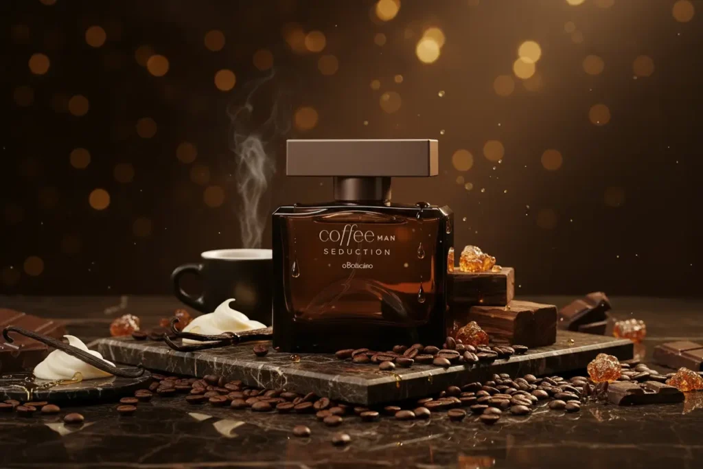 Perfume Coffee Man Seduction com grãos de café, chocolate, madeira e vapor em cenário sofisticado com luz quente, representando fragrância doce, envolvente e sedutora