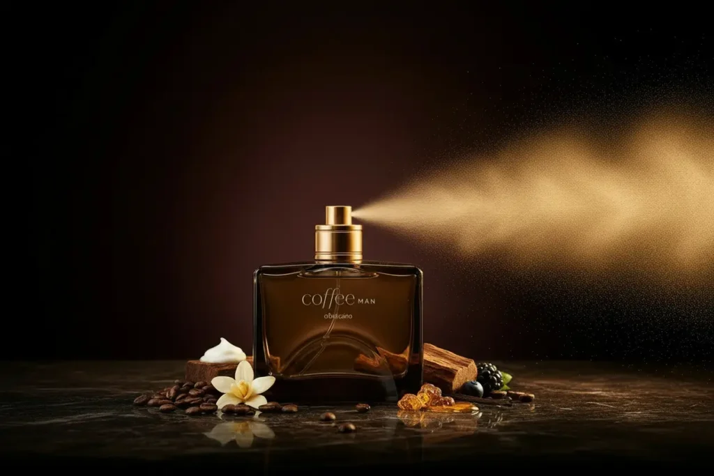 Perfume Coffee do oBoticário borrifando fragrância com café, baunilha, madeira e âmbar em cenário escuro elegante, representando perfume intenso, doce e sedutor