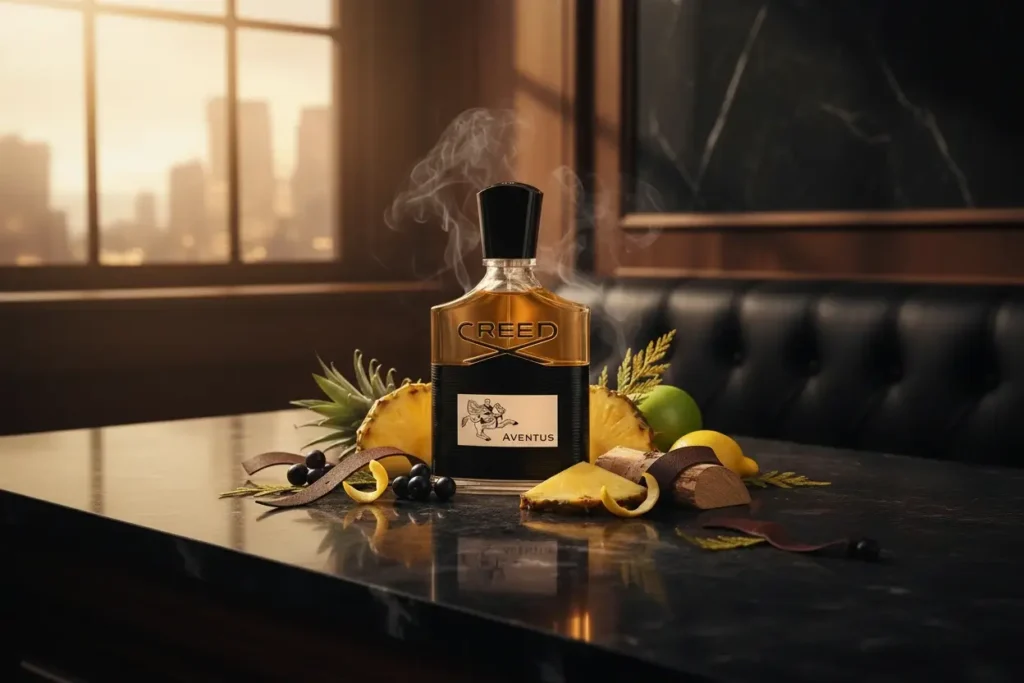 Perfume Creed Aventus com abacaxi, frutas escuras e madeira em ambiente sofisticado com luz quente, representando fragrância frutada amadeirada elegante
