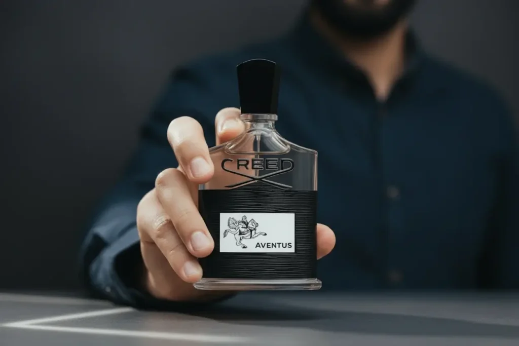 Frasco do Creed Aventus sendo apresentado na mão, representando perfume de luxo elegante e masculino