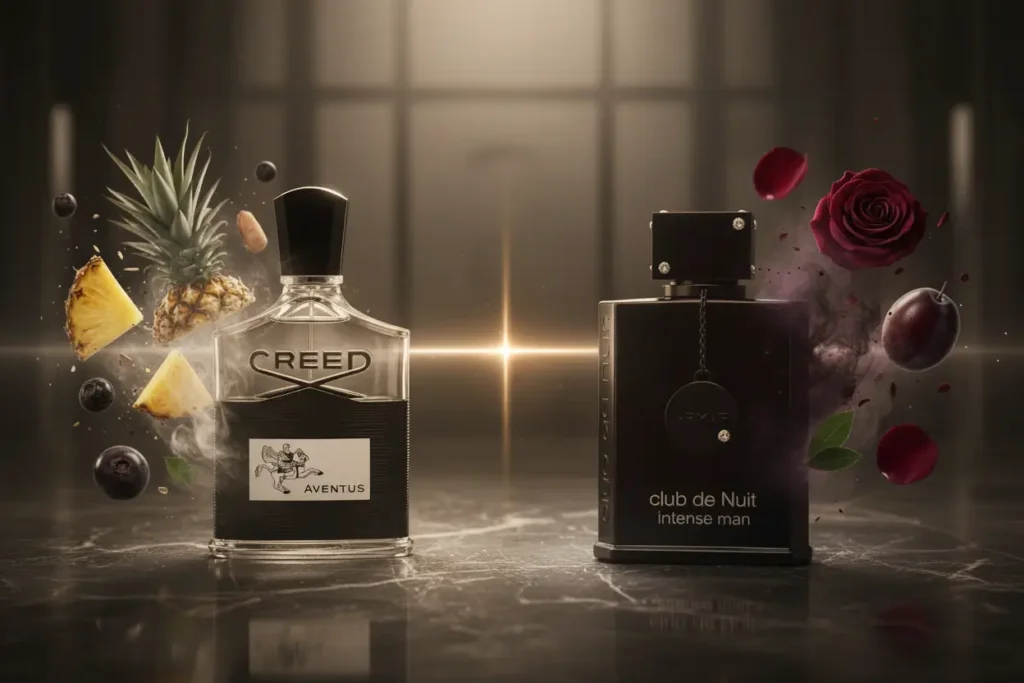 Perfumes Creed Aventus e Club de Nuit Intense Man com frutas, madeira e flores em cenário sofisticado, representando fragrâncias masculinas marcantes e semelhantes