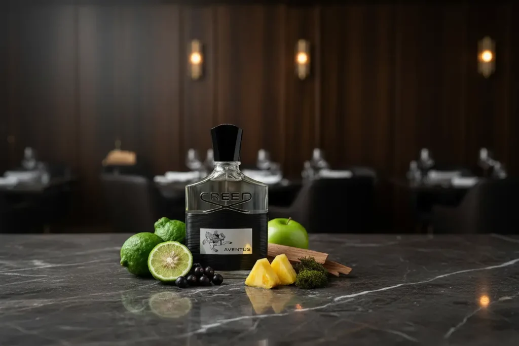 Frasco do Creed Aventus em ambiente moderno com madeira, frutas cítricas e cedro destacando perfume masculino sofisticado