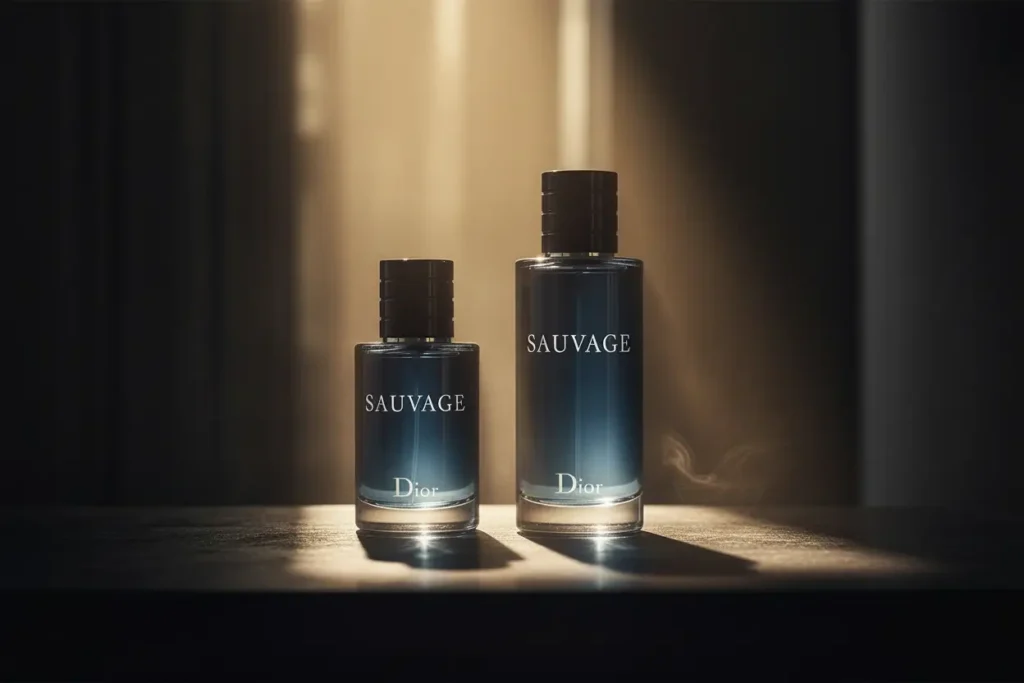 Perfumes Dior Sauvage EDT e EDP lado a lado com iluminação sofisticada, destacando fragrâncias masculinas modernas e elegantes
