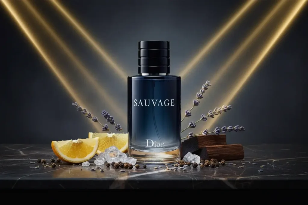 Perfume Dior Sauvage com limão, lavanda, madeira e especiarias em cenário sofisticado com iluminação dourada, representando fragrância fresca e marcante