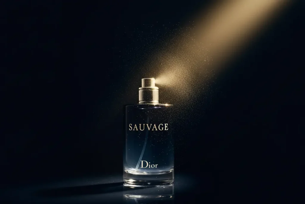 Perfume Dior Sauvage com spray em destaque e iluminação dourada, representando fragrância masculina sofisticada e marcante