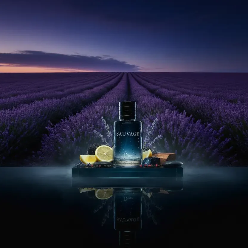 Perfume Dior Sauvage com limão, lavanda e madeira em campo de lavanda ao entardecer, representando fragrância fresca, aromática e sofisticada e perfumes mais vendidos