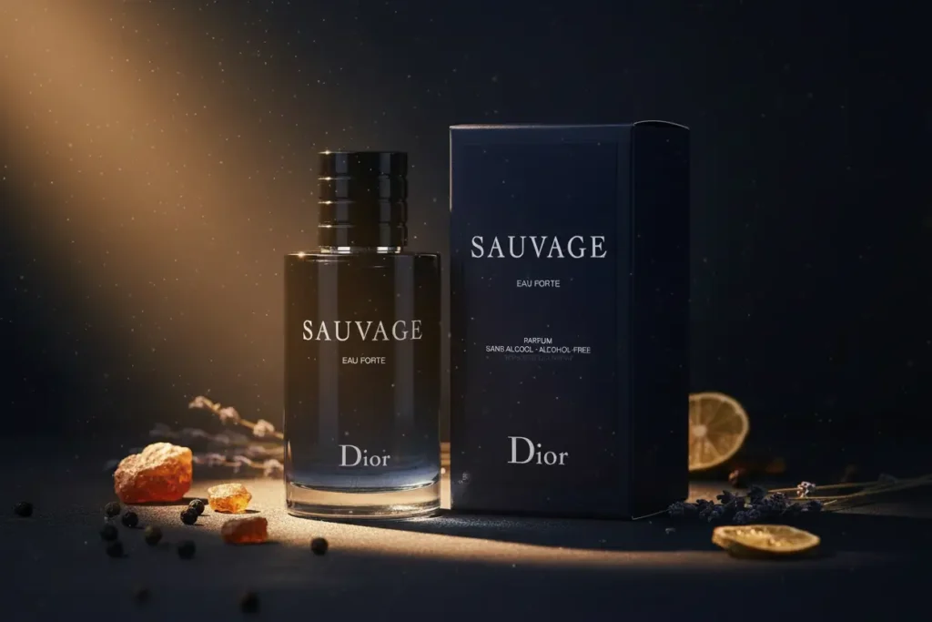 Perfume Dior Sauvage Eau Forte com embalagem ao lado, em cenário sofisticado com especiarias e cítricos, representando fragrância intensa e elegante