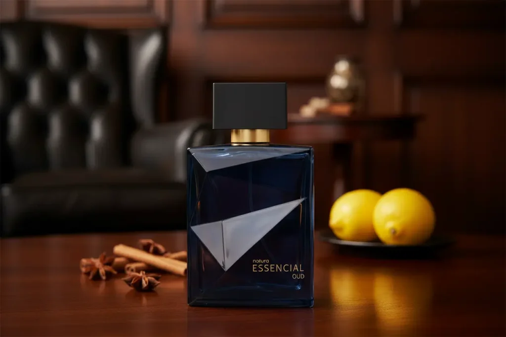Frasco do perfume Natura Essencial Oud em ambiente sofisticado com especiarias e limões, representando a fragrância amadeirada e intensa