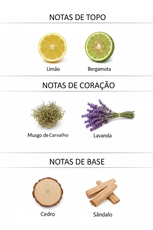 Notas de topo, coração e base do perfume Natura Homem Essence, com limão, bergamota, musgo de carvalho, lavanda, cedro e sândalo