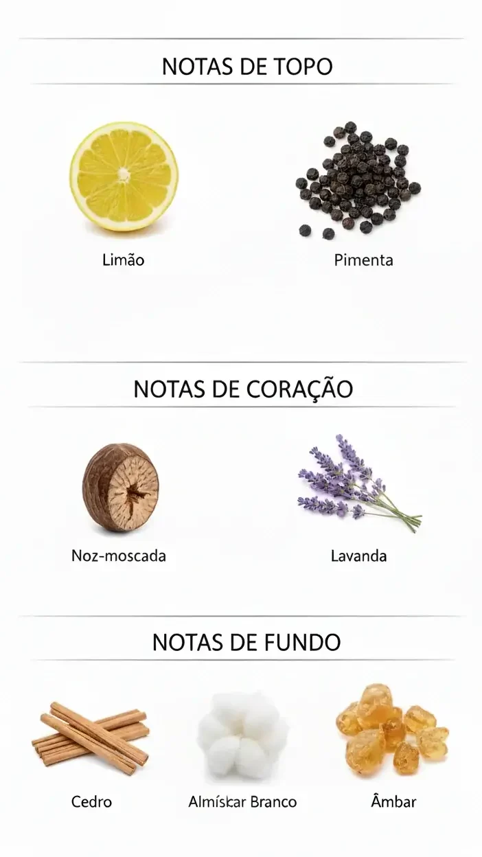 Notas de topo, coração e fundo do perfume Natura Homem Sagaz, com limão, pimenta, noz-moscada, lavanda, cedro, almíscar branco e âmbar