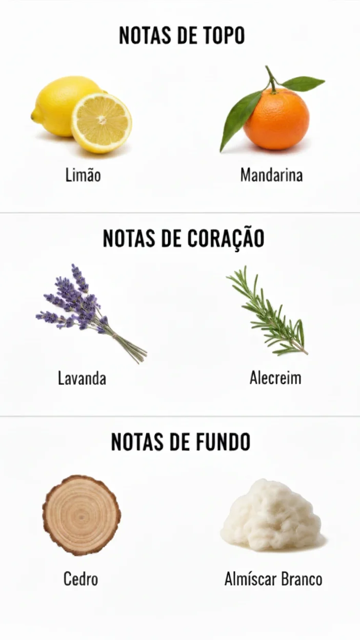 Notas de topo, coração e fundo do perfume Natura Kaiak Tradicional, com limão, mandarina, lavanda, alecrim, cedro e almíscar branco
