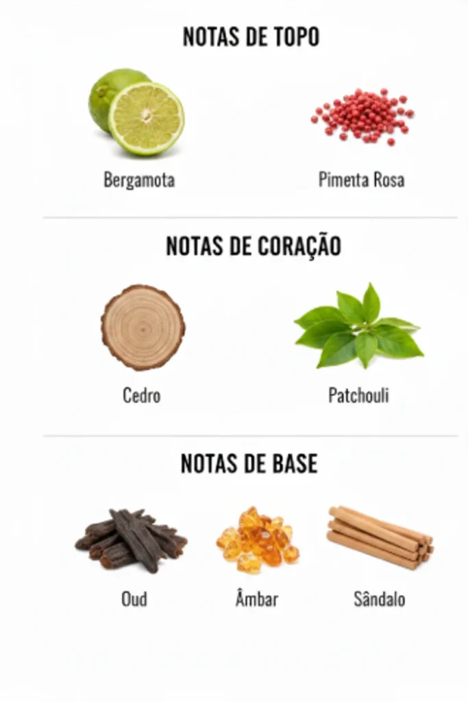 Notas de topo, coração e base do perfume Essencial Oud, com bergamota, pimenta rosa, cedro, patchouli, oud, âmbar e sândalo