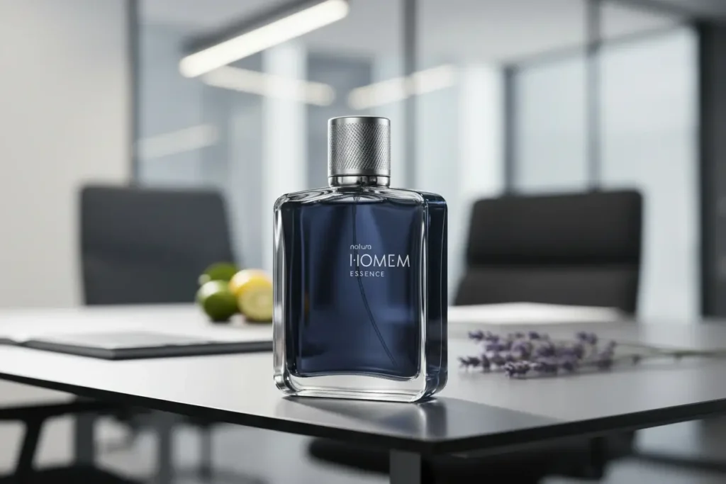 Perfume Natura Homem Essence em ambiente de escritório moderno, com limões e lavanda, representando fragrância fresca e sofisticada