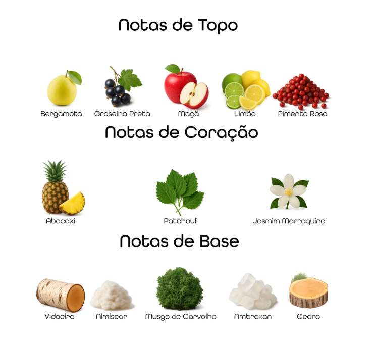 Notas de topo, coração e base do Creed Aventus com bergamota, groselha preta, maçã, limão, abacaxi, patchouli, jasmim, musgo de carvalho e cedro