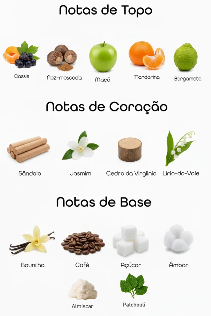 Notas do perfume Coffee Man Seduction com frutas, especiarias, flores, café, baunilha e âmbar, representando fragrância doce, amadeirada e envolvente