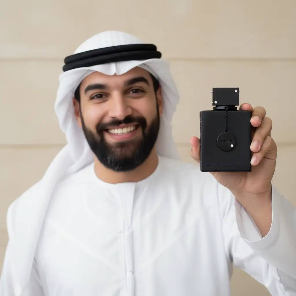 João da Barba segurando o perfume Club de Nuit Intense inspirado no Creed Aventus