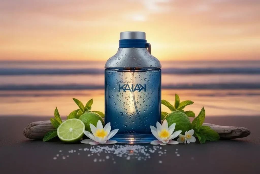 Perfume Kaiak Natura com gotas de água, limão, flores e mar ao fundo no pôr do sol, representando fragrância fresca e aquática