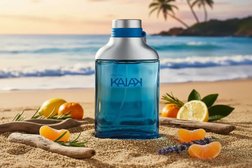 Perfume Natura Kaiak em ambiente de praia com limões, tangerinas e lavanda, refletindo a fragrância fresca e energética