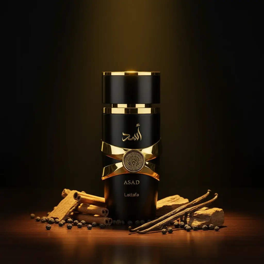 Perfume Lattafa Asad com especiarias, pimenta, baunilha e madeira em cenário escuro sofisticado, representando fragrância intensa, quente e marcante