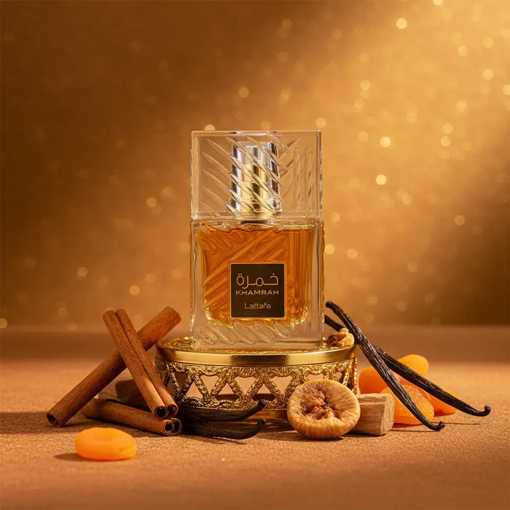 Perfume Lattafa Khamrah com canela, baunilha, frutas secas e madeira em cenário dourado luxuoso, representando fragrância doce, gourmand e intensa