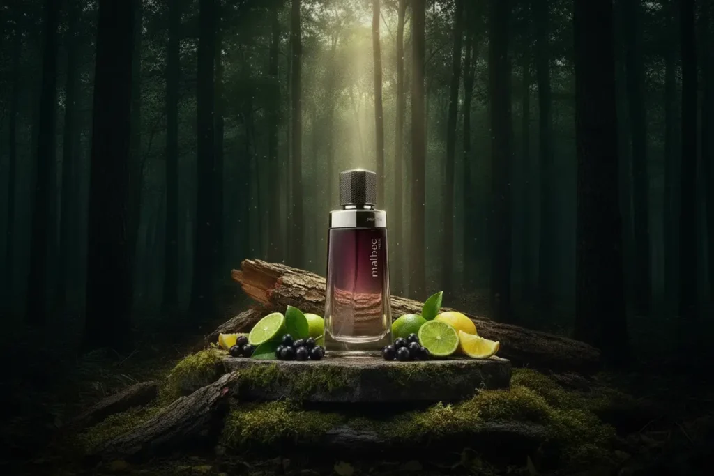 Frasco do Malbec do Boticário em ambiente de floresta com madeira e elementos naturais da fragrância
