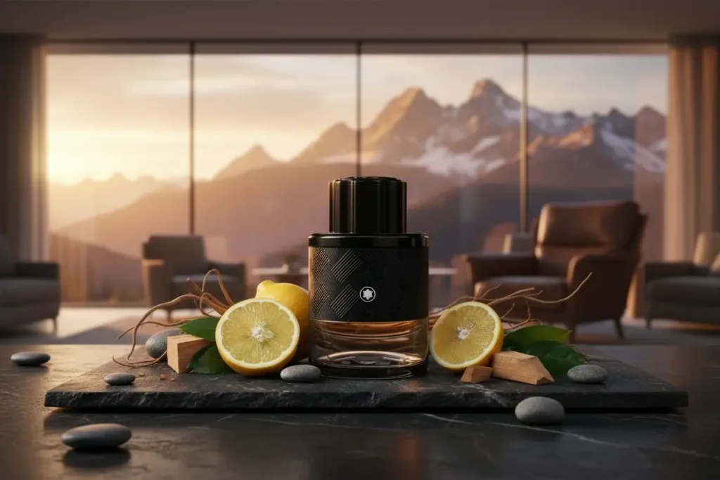 Frasco do Montblanc Explorer com elementos cítricos e naturais em cenário elegante com paisagem de montanhas ao fundo